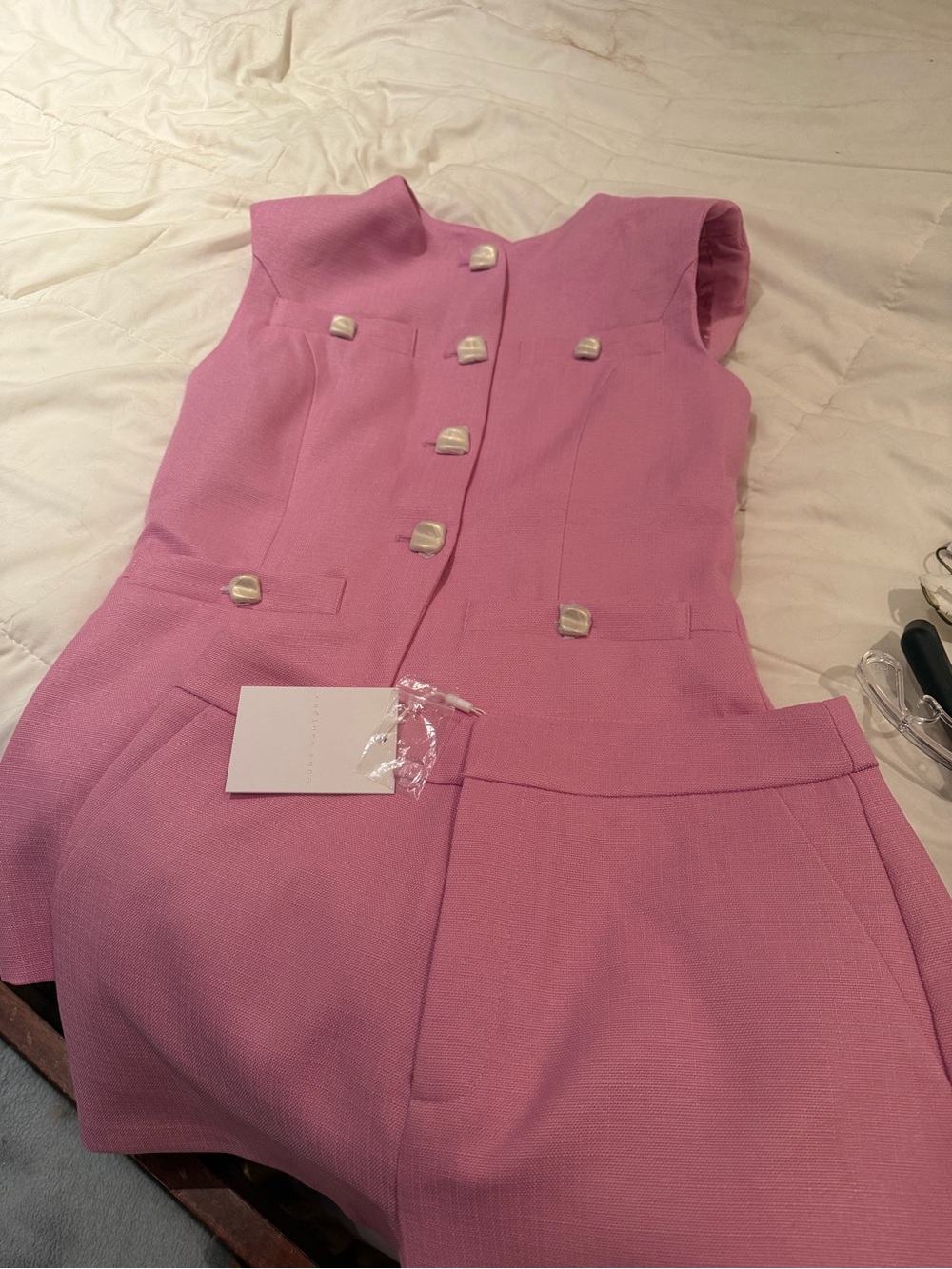 Endless Rose:  Pink Sleeveless Two-Piece Set with Pearl Buttons